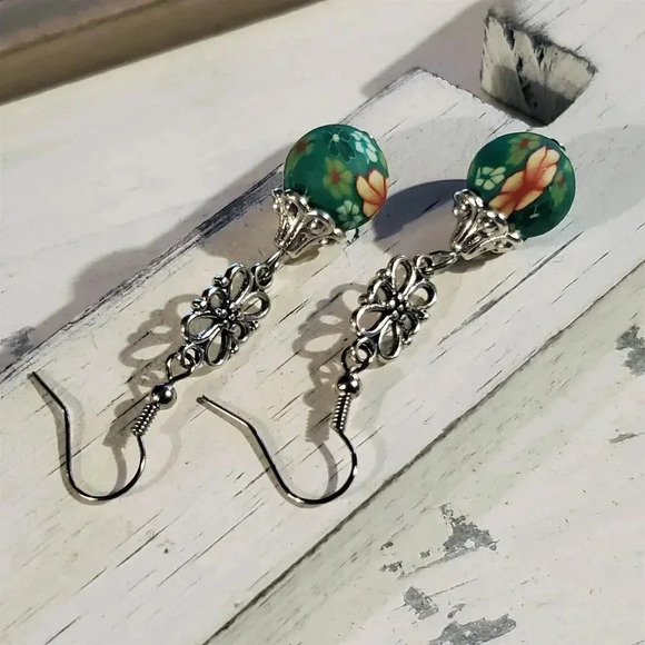 Handcrafted Fimo Clay Green Yellow Red Flower Beads Antique Silver Earrings - Picture 2 of 6
